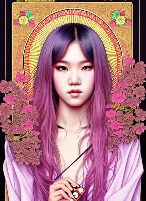 Image similar to jossi of blackpink, yukata, tarot card, highly detailed, digital painting, smooth, sharp focus, illustration, ultra realistic, 8 k, art by artgerm and alphonse mucha