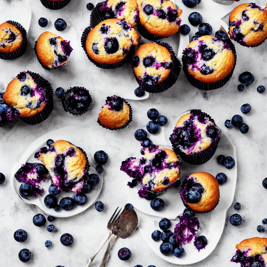 Image similar to a plate with blueberry cupcakes, dynamic lighting, bokeh, hyper realistic, award winning food photography