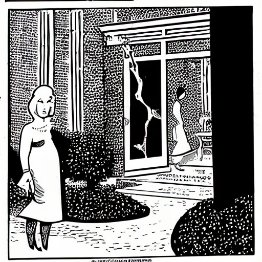 Image similar to comic book panel of a woman standing in a french garden, unidentified being lurking behind her, by gilbert hernandez