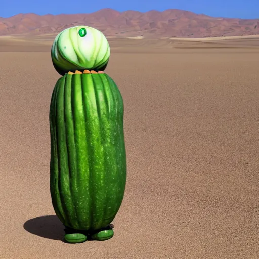 Prompt: a cucumber humanoid golfing in the desert