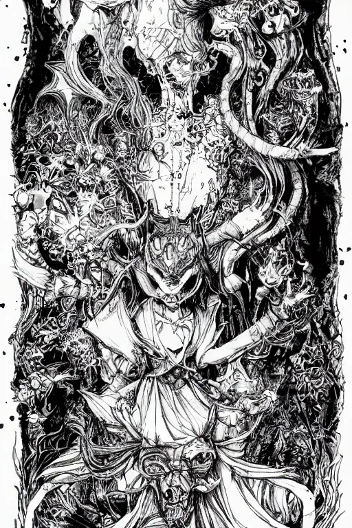 Image similar to Demon Alice in wonderland tarot card , pen and ink, intricate line drawings, by Yoshitaka Amano, Ruan Jia, Kentaro Miura, Artgerm, watercolor