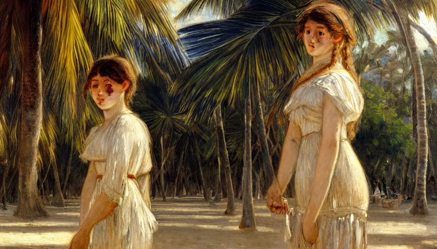 Image similar to a ultradetailed beautiful painting of a girl in the amazonas palace designed by jules bastien - lepage, hans belmer, frank weston and gustave baumann, beach, trending on artstation, mediterranean, palm trees, light sparkles, sharp focus, soft light, 8 k 4 k