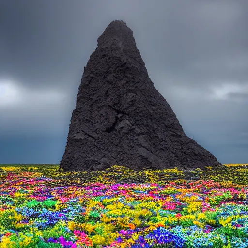 Image similar to A very intrincated and ominous tall black Rock stands in the middle of an plain covered with colorful flowers