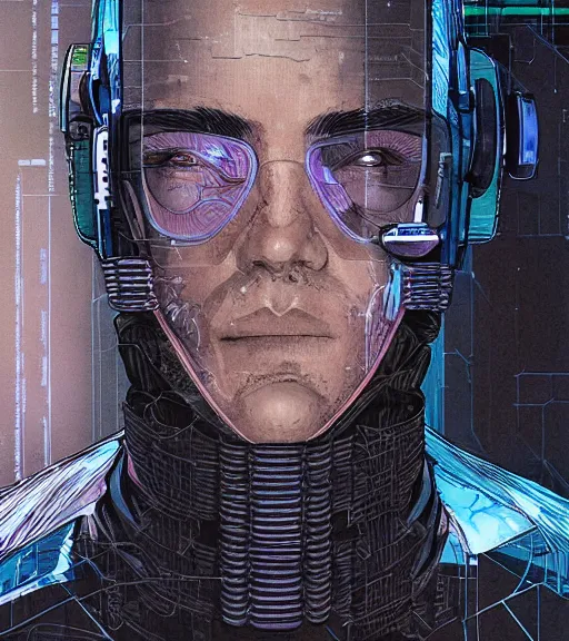 Image similar to a cyberpunk man with multiple digital patchwork faces, techwear, Industrial Scifi, detailed illustration, character portrait, by Martin Grip and Moebius