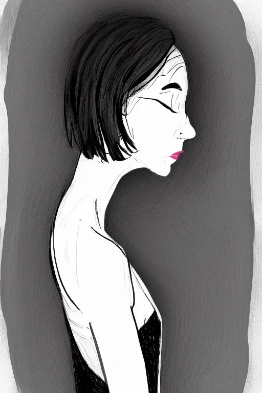 Prompt: portrait of a girl in long pants and a top, hands in pockets, eyes closed, bob haircut, digital art, black and white, lineart