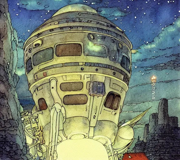 Prompt: hyperrealist studio ghibli watercolor fantasy concept art of an immense ufo from howl's moving castle sitting on stonehenge like a stool. it is a misty starry night. by rebecca guay, michael kaluta, charles vess