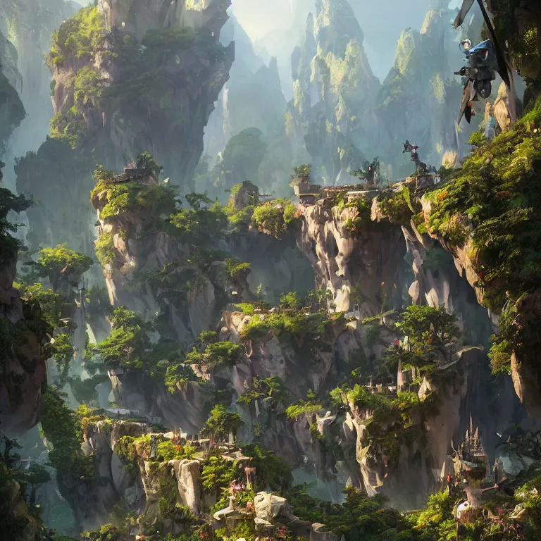 Prompt: secret overwatch headquarters carved inside a mountain surrounding a lush garden, trimmed, magical, natural light, fantasy, architecture, sharp focus, concept art, by greg rutkowski and craig mullins, atmospheric, octane render