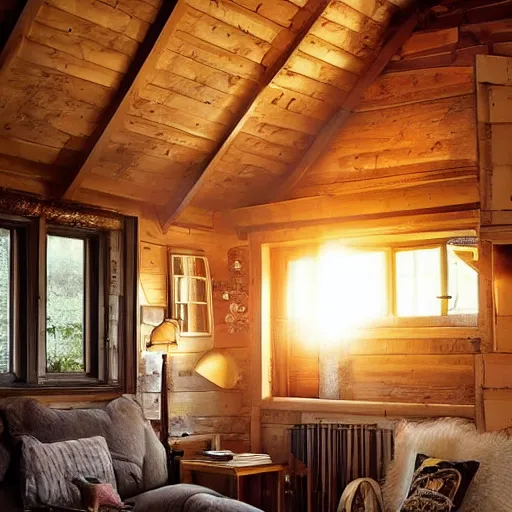 Prompt: cozy cottage interior, dramatic lighting, photograph