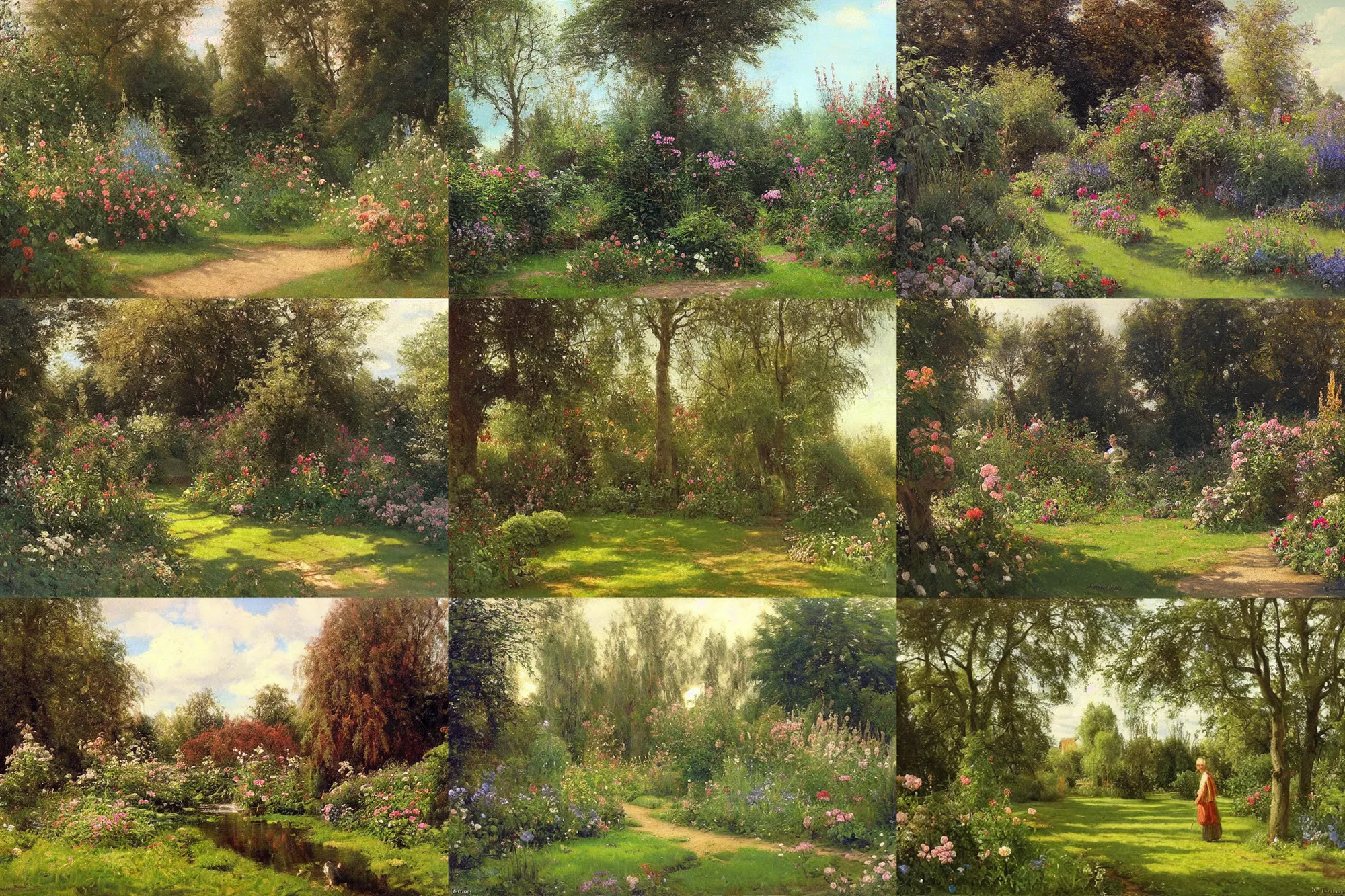 Prompt: Beautiful English garden, painted by Ivan Kramskoi