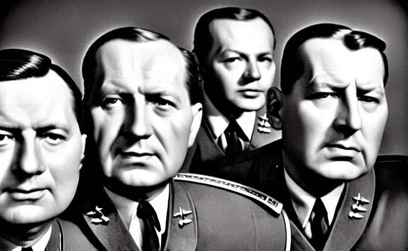 Image similar to 50s movie still close-up portrait of three individual elder soviet generals with very diverses faces in a stalinist style hall, by Irving Penn, Cinestill 800t 50mm black and white, heavy grainy picture, very detailed, high quality, 4k, HD criterion, precise texture, facial precision, diverse haircuts, diverse ages, each faces precisely define