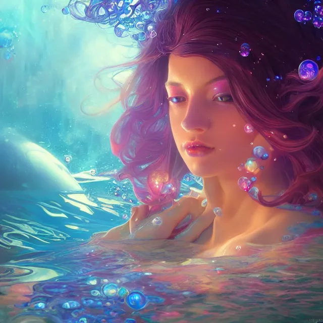 Prompt: psychedelic portrait of beautiful night underwater princess, caustics, accurate ray tracing, dark fantasy, sharp focus, vibrant, vivid, wet shiny skin, symmetry, highly detailed, 4 k digital painting, detailed skin, liquid, magical, raytracing, bubbles, artistic, concept art by artgerm, greg rutkowski, alphonse mucha, unreal engine render,