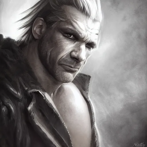 Image similar to portrait of a muscular, grim, ponytail haired blonde man in his late 30's, wearing a thick brown leather coat, looking to his side, scarred face, hunter, DnD character, fantasy character, dramatic lighting, high detail, graphite black and white by Ruan Jia, Krenz Cushart, Rossdraws and Boris Vallejo