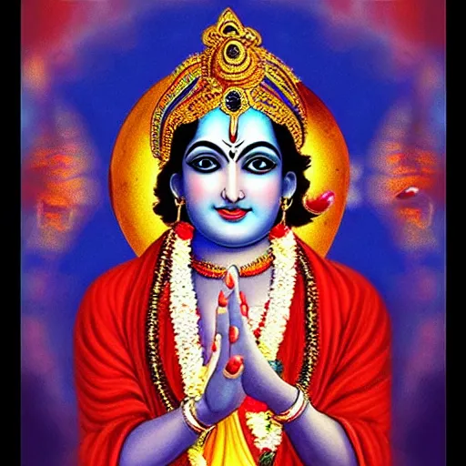 Image similar to Krishna’s transcendental form has a reddish luster in seven places — His eyes, His palms, the soles of His lotus feet, His palate, His lips, His tongue and His nails. A reddish luster in these seven places is considered to be auspicious. Three parts of His body are broad: His forehead, chest and waist. Three parts of His body are very deep: His voice, intelligence and navel. There is highness in five parts of His body: His nose, arms, ears, forehead and thighs. In five parts of His body there is fineness: His skin, the hair on His head and the other parts of His body, His teeth and His fingertips. The aggregate of all these bodily features is manifest only in the bodies of great personalities