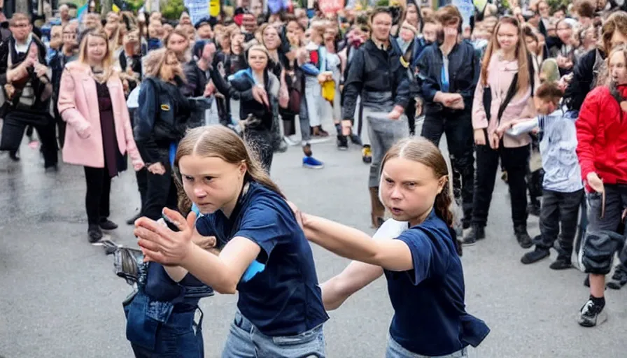 Prompt: greta thunberg instigating a fight in front of the police