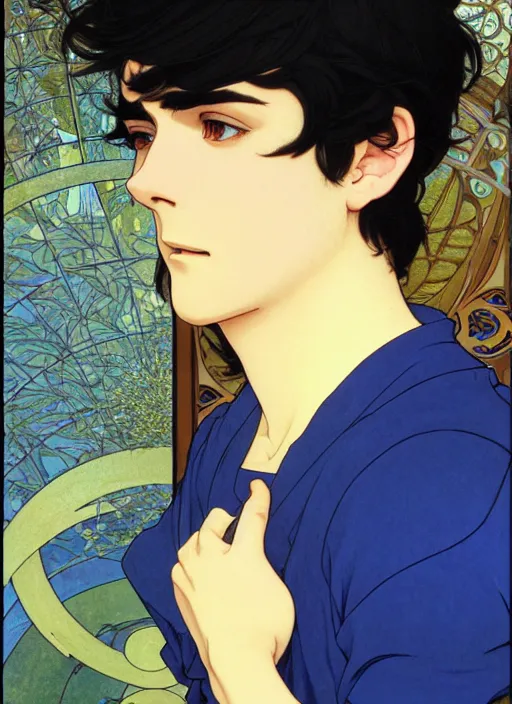 Image similar to handsome young man with short black hair, male, dressed in blue, looking down, half body shot, arms down, path traced, highly detailed, high quality, digital painting, by studio ghibli and alphonse mucha, hidari, art nouveau