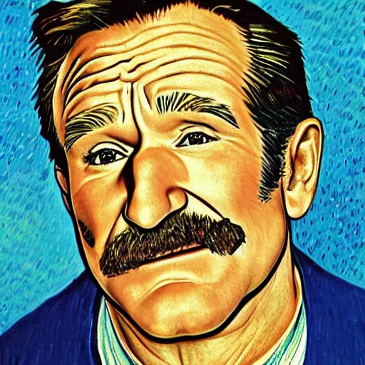 Image similar to portrait of robin williams, caricature,, mashup between mc escher and vincent van gogh