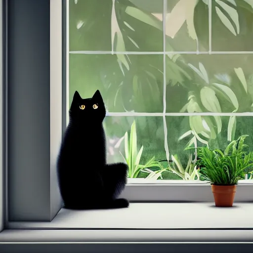 Prompt: peaceful dreamy painting of a content black cat sitting by a window, sunshine coming through the window, small plants on the window sill, 8k, hyper realism, trending on artstation, octane render