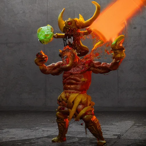 Image similar to a warrior fighting a giant cheeseburger demon that spits mustard. eldenring boss, zbrush, arnold render, unrealengine 5, dark souls, horror, extremely detailed