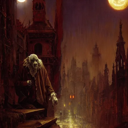 Prompt: a creepy demonic old man stands in the middle of a medieval street and turns into a werewolf under a full moon, painting by gaston bussiere, craig mullins, j. c. leyendecker, 4 k, 8 k, trending on artstation, artstationhd, artstationhq, highest detail