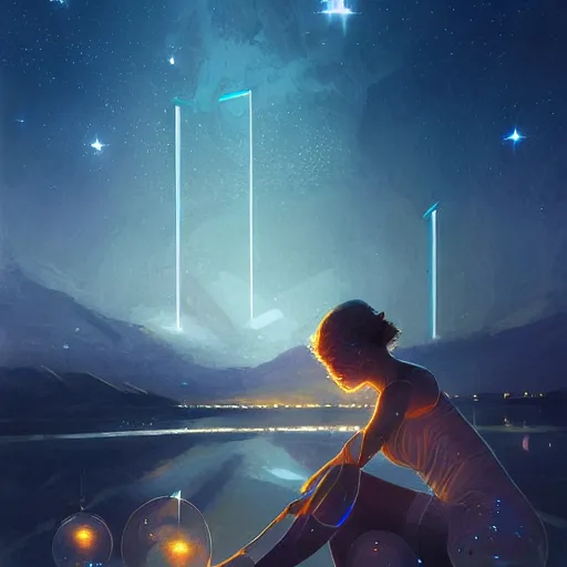 Image similar to beautiful glowing cubes all interconnected to each other with tubes, atmospheric lighting, intricate, volumetric lighting, beautiful, sharp focus, ultra detailed, in the art style of bowater, charlie, brom, gerald, lake baikal in the background, astrophotography