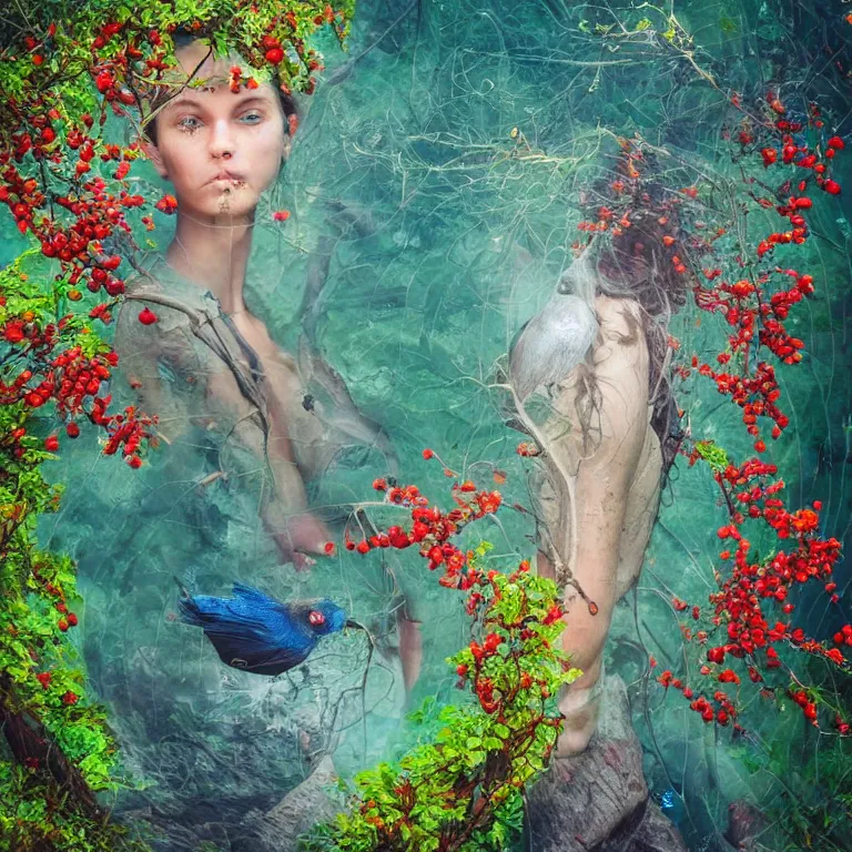 Image similar to human with the sea and the forest inside, veins diverge through the body like rivers filmed on a satellite, a person is decorated with wild berries, a beautiful bird is looking at him next, colorful picture