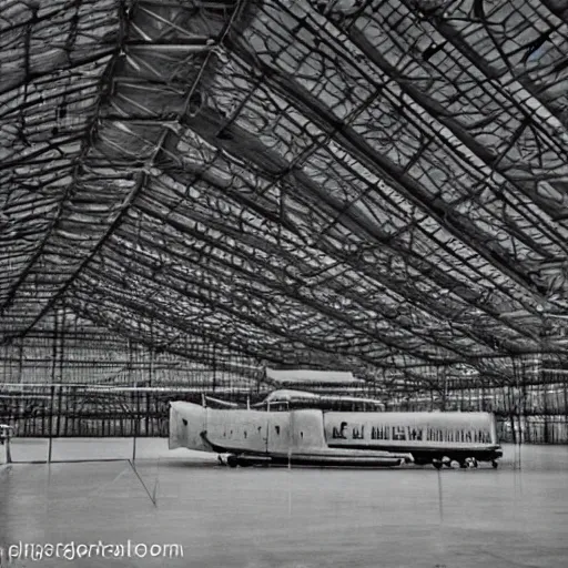 Image similar to an alien craft inside a hanger, old photo, vintage photo, grainy, realistic, real photo,