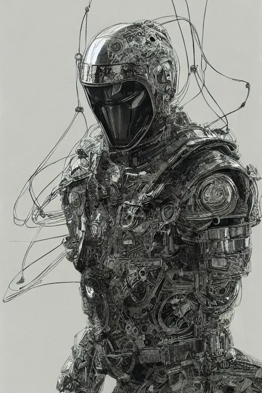 Prompt: portrait of a futuristic masked man with cybernetics and wires on the helmet, pen and ink, intricate line drawings, by craig mullins, ruan jia, kentaro miura, greg rutkowski