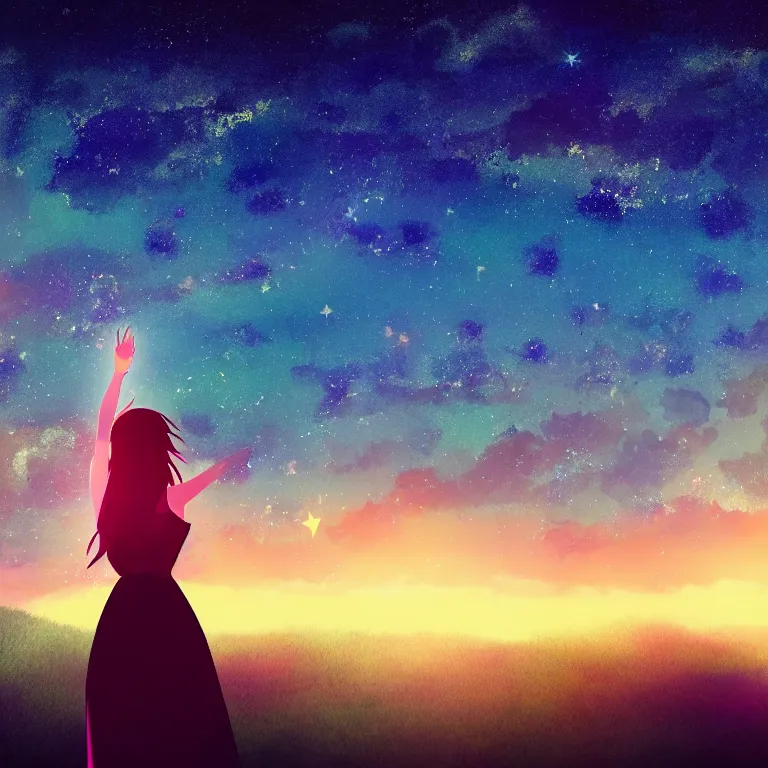 Image similar to a beautiful landscape of a starry sky with an beautiful anime woman waving to the horizon, cinematic, dramatic, color grading, photojournalism, colorful, highly detailed