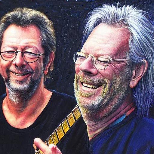 Image similar to portrait of eric clapton with david gilmour, joyful, highly detailed painting by akira toriyama, 8 k