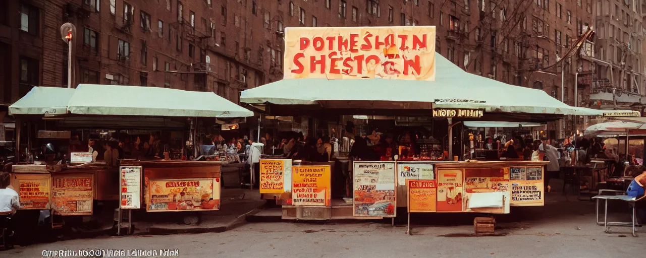 Image similar to medium shot, spaghetti food stand in downtown nyc, kodachrome, in the style of wes anderson, retro