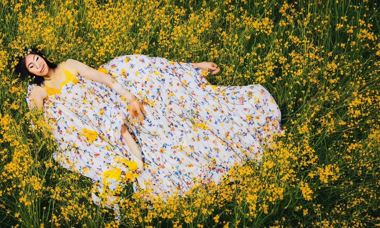 Image similar to a beautiful Asian woman lying in a field of wildflowers, wearing a yellow and white sun dress, close, dreamy