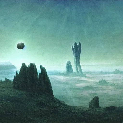 Image similar to large spaceship orbiting over a alien planet, volumetric light from nearby star, style by caspar david friedrich and wayne barlowe and ted nasmith.