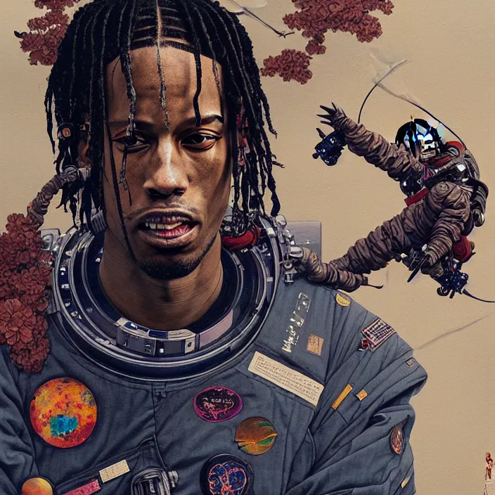 Prompt: a beautiful ukiyo painting of travis scott as a spacepunk battle space pilot, wearing space techwear, detailed close up portrait, intricate complexity, concept art, by takato yamamoto, wlop, krenz cushart. cinematic dramatic atmosphere, sharp focus, digital full likeness art. center frame