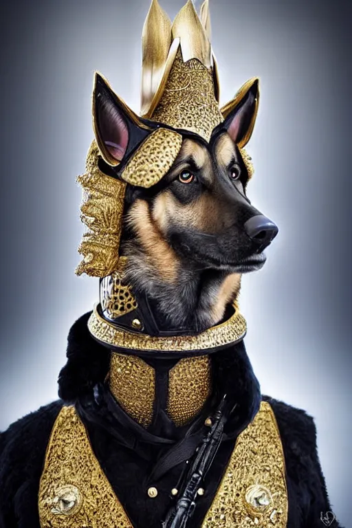 Image similar to donald trump knight wearing a real german shepherd on his head, armor designed by wayne barlowe, swarovski and tiffany, blonde hair, symmetry, sci - fi, cinematic, elegant, luxury, perfect light, perfect composition, dlsr photography, sharp focus, dark fantasy, 8 k, ultra hd, sense of awe, highly detailed, realistic, intricate