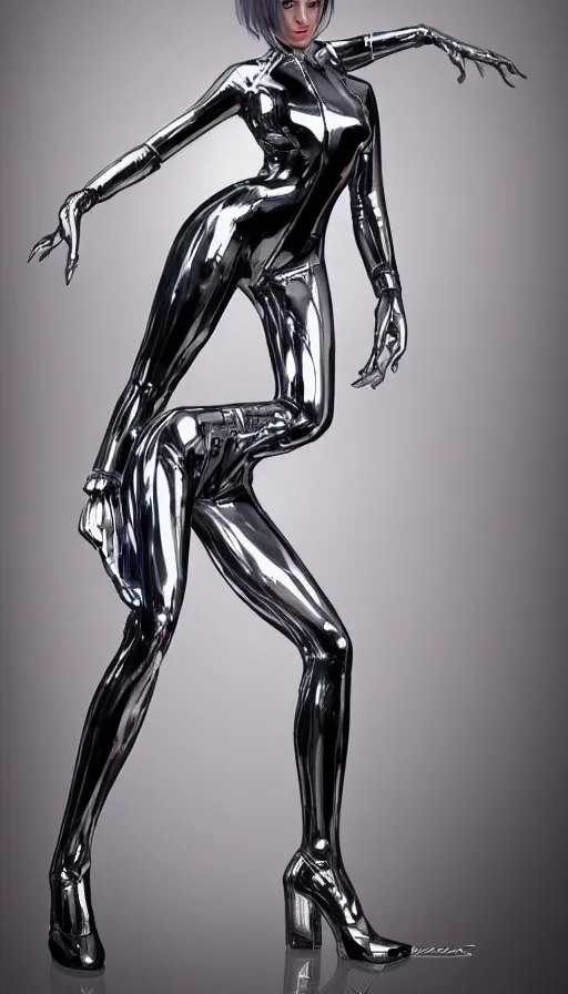 Image similar to a futuristic woman in a black and silver suit, cyberpunk art by sorayama, cgsociety, retrofuturism, toonami, made of liquid metal, ray tracing