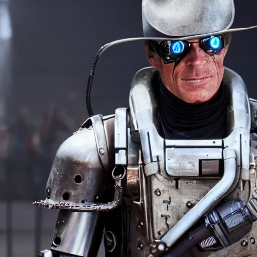 Prompt: a terminator android dressed as a cowboy, 8 k, movie still, high detail