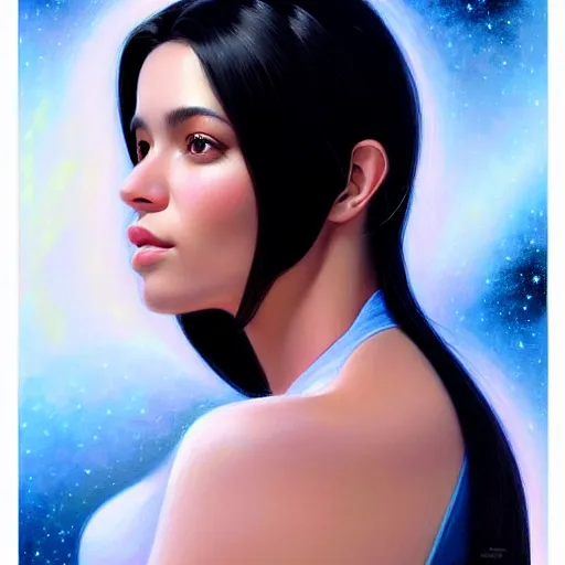 Image similar to a portrait of a very beautiful woman in a spacesuit, Alexandria\'s genesis, shoulder-length black hair, bored, illustration, soft lighting, soft details, painting oil on canvas by mark arian by artgerm, trending on artstation, 4k, 8k, HD