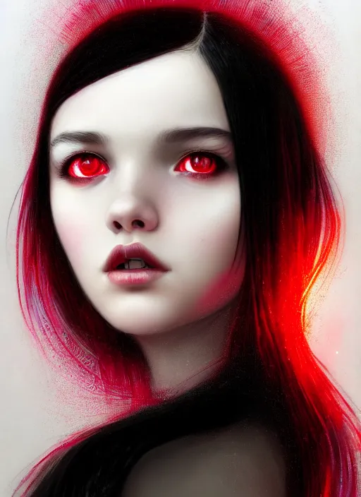 Image similar to portrait of teenage girl, red irises, red eyes, black hair, black and white hair, white bangs, purple clothes, white bangs, bangs, black hair and white bangs, intricate, elegant, glowing lights, highly detailed, digital painting, artstation, concept art, smooth, sharp focus, illustration, art by wlop, mars ravelo and greg rutkowski