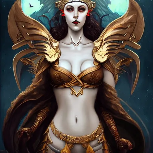 Prompt: beautiful sultry viking priestess wearing white dove wings, warframe armor, regal, attractive, ornate, sultry, pretty face, kiss mouth, fire eyes is represented by peter mohrbacher, art nouveau, landscape, cinematic