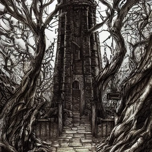 Prompt: an archaic tower looming over a grove of ancient trees, in the style of ayami kojima and kentaro miura, realistic digital painting, medieval fantasy, very detailed