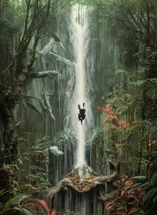 Image similar to a hyper realistic architectural witch shrine under a waterfall in the woods, gorgeous lighting, lush forest foliage, painting by chiara bautista and tom bagshaw, muca beksinski and norman rockwell and greg rutkowski weta studio, and lucasfilm