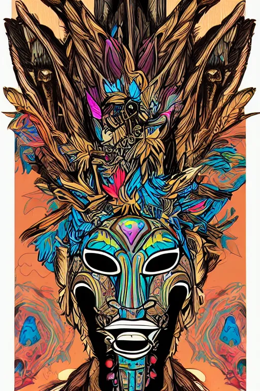 Image similar to animal mask totem roots flower tribal feather gemstone plant wood rock shaman vodoo video game vector cutout illustration vivid multicolor borderlands comics by josan gonzales and dan mumford radiating a glowing aura