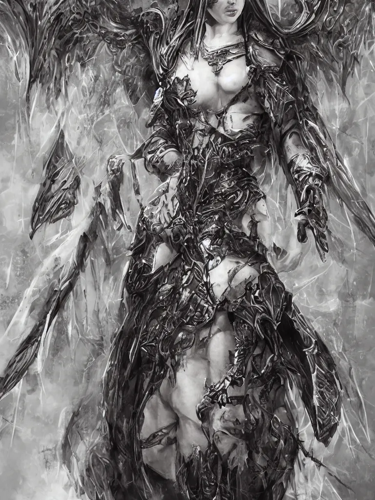 Image similar to 8K render! beautiful Adriana Lima in Skyrim MOD Angel Armor, wings wide opened , whole body heavily covered in elfish tattoos , intricate, elegant, highly detailed, digital painting, artstation, wallpaper!, concept art, smooth, sharp focus, high fantasy illustration, art by artgerm and Vasylina, and Peter Andrew Jones
