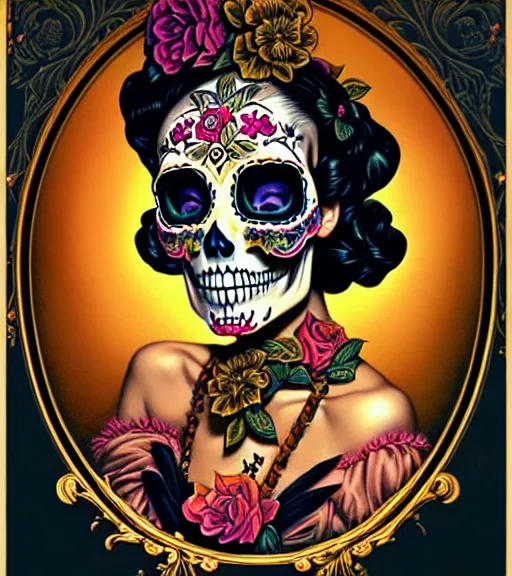 Image similar to a beautiful fancy skull lady by dan mumford and gil elvgren, folklorico, tarot, sugar skull, hyperrealism, intricate details