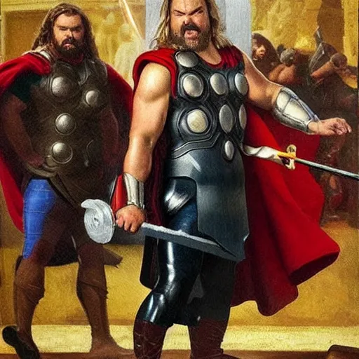 Prompt: jack black as Thor, classical painting