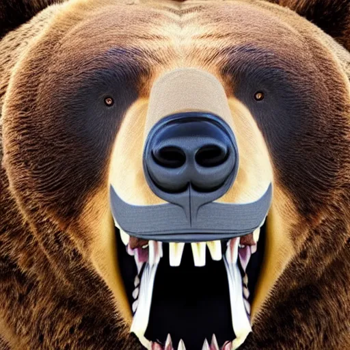 Prompt: close up of bear with and open mouth 3 ribs in between its teeth, frightening, disturbing