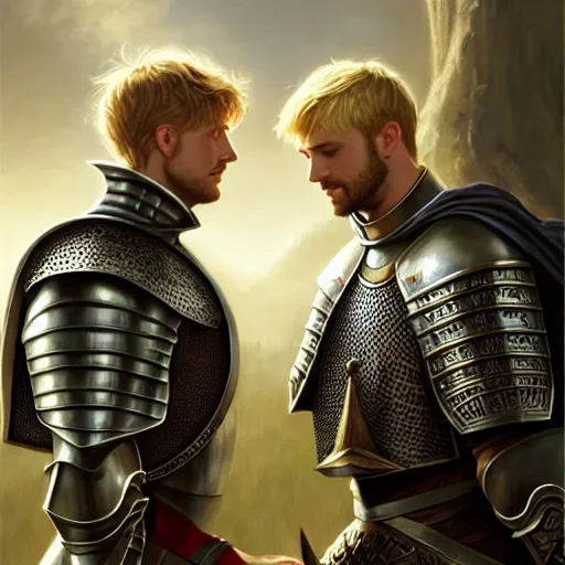 Image similar to attractive arthur pendragon and his favourite attractive male knight, they are in love, camelot, natural lighting, path traced, highly detailed, high quality, digital painting, by gaston bussiere and ross tran and j. c. leyendecker