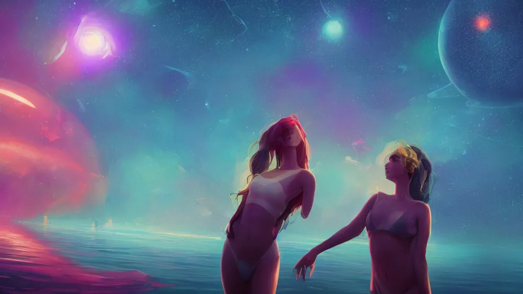 Prompt: beautiful seductive women standing in a lake reaching for the stars, underneath a multi-colored binary blackhole with an accretion disc, by Lois van Baarle, by Greg Rutkowski, by artgerm, by beeple, volumetric lighting, 4k resolution, octane render, trending on artstation