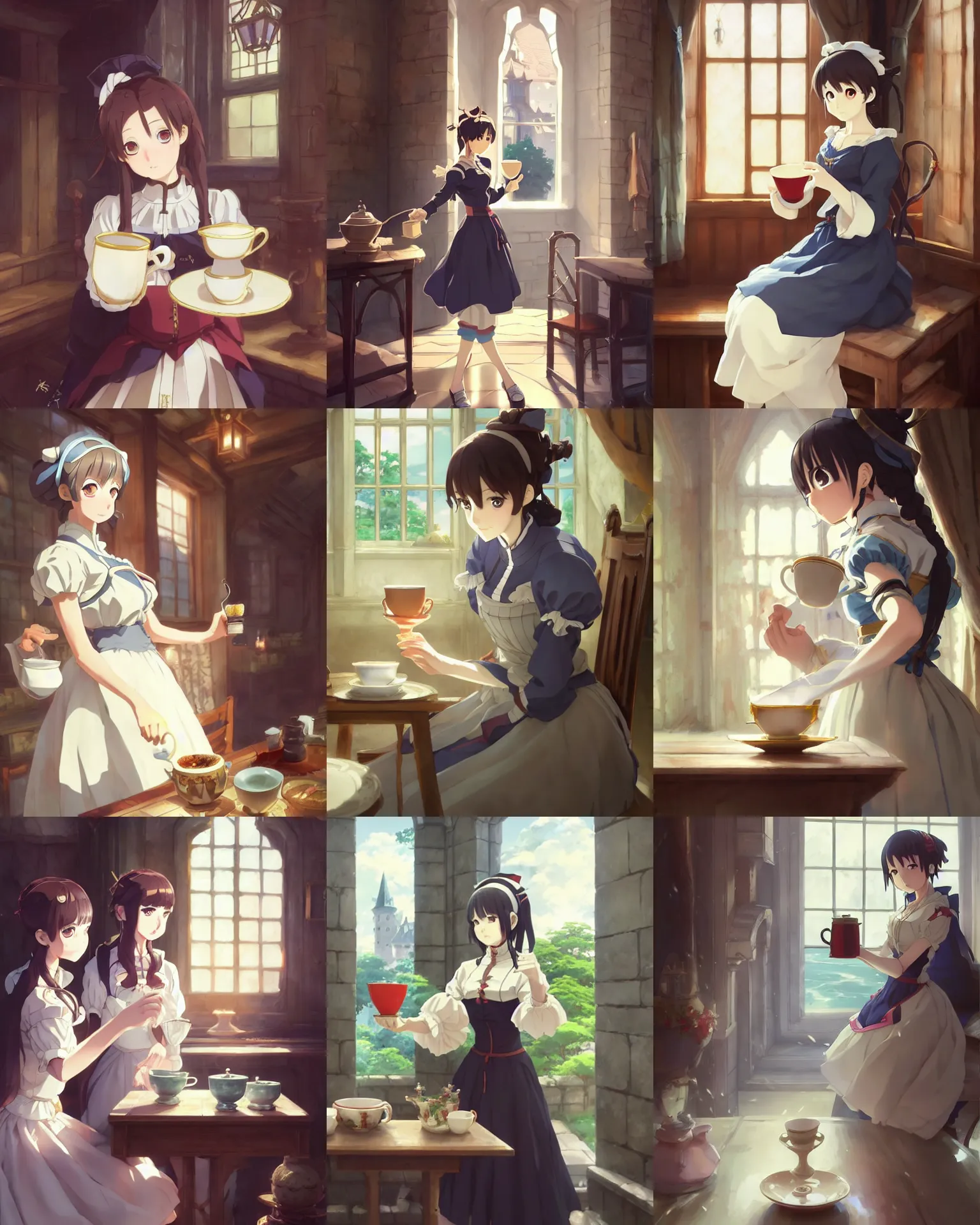 Image similar to cute - fine - face, pretty face, key visual, anime key visual concept art of anime maid pouring tea gracefully, medieval european style noble manor interior, trending on artstation, brush strokes, oil on canvas, style of kawacy and makoto shinkai and greg rutkowski and studio ghibli