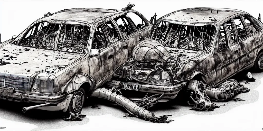 Image similar to a big woman axolotl in burning wrecked mercedes 1 2 4, ultrafine hyperdetailed illustration by kim jung gi